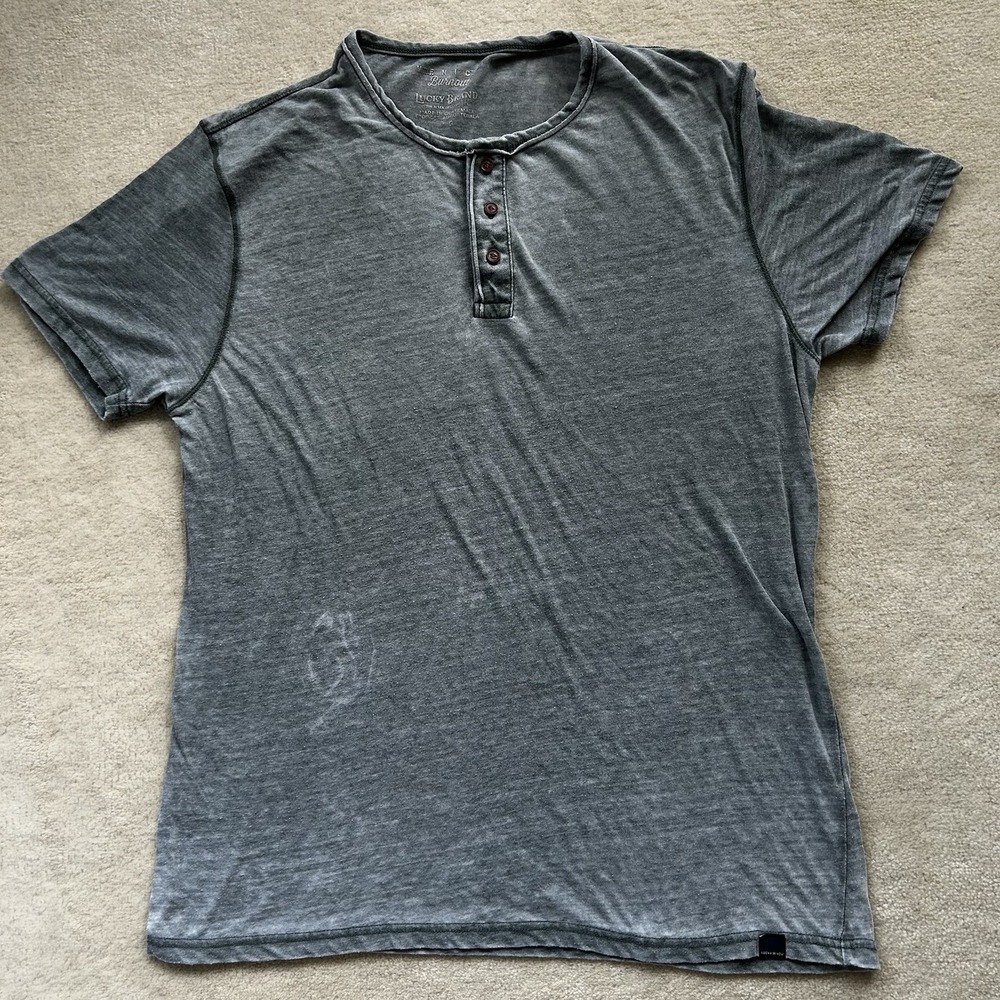 Lucky Brand TShirt Mens Large Gray Burnout Henley Short Sleeve Lightweight
